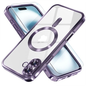 Husa iPhone 16 Plus Transparenta Cu Margini Colorate Magsafe, Protectie Camera, Mov