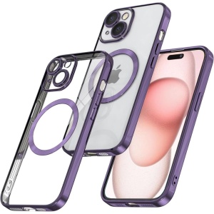 Husa Transparenta Cu Margini Colorate Magsafe, Protectie Camera iPhone 15 Plus, Mov