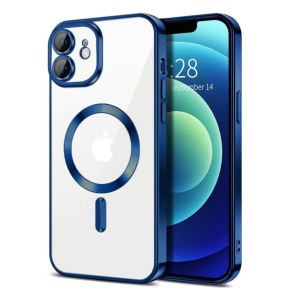 Husa iPhone 12 Transparenta Cu Margini Colorate Magsafe, Protectie Camera, Albastru Matt