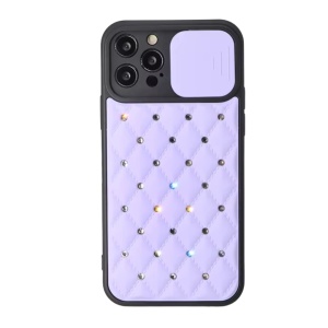 Husa iPhone 13 Pro Max Spate Imitatie Piele Cu Pietre, Protectie Camera, Mov