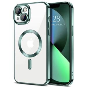 Husa iPhone 13 Transparenta Cu Margini Colorate Magsafe, Protectie Camera, Verde Deschis