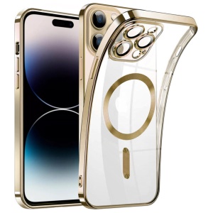 Husa iPhone 15 Pro Max Transparenta Cu Margini Colorate Magsafe, Protectie Camera, Auriu Lucios