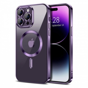Husa iPhone 15 Pro Max Transparenta Cu Margini Colorate Magsafe, Protectie Camera, Mov