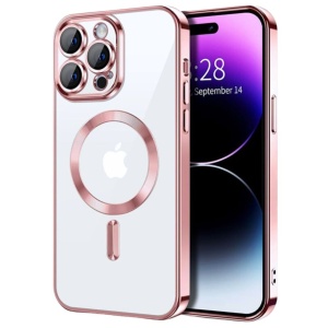 Husa iPhone 15 Pro Transparenta Cu Margini Colorate Magsafe, Protectie Camera, Roz