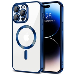 Husa iPhone 15 Pro Max Transparenta Cu Margini Colorate Magsafe, Protectie Camera, Albastru