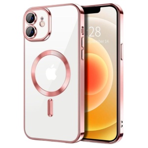 Husa iPhone 12 Transparenta cu Margini Colorate Magsafe, Protectie Camera, Roz