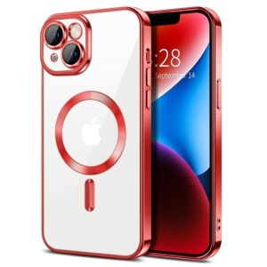 Husa iPhone 15 Transparenta Cu Margini Colorate Magsafe, Protectie Camera, Rosu Lucios