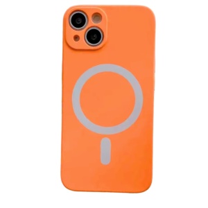 Husa iPhone 15 Plus Magsafe Spate Silicon Cu Protectie Camera, Portocaliu