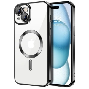 Husa iPhone 15 Plus Transparenta Cu Margini Colorate Magsafe, Protectie Camera, Negru