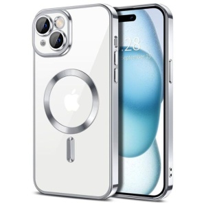 Husa iPhone 15 Transparenta Cu Margini Colorate Magsafe, Protectie Camera, Gri Lucios