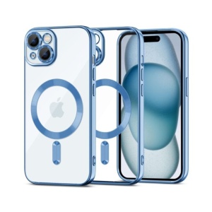 Husa iPhone 13 Transparenta Cu Margini Colorate Magsafe, Protectie Camera, Albastru Deschis Lucios