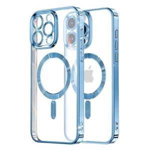 Husa iPhone 15 Pro Transparenta Cu Margini Colorate Magsafe, Protectie Camera, Albastru Lucios