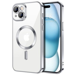 Husa iPhone 15 Transparenta Cu Margini Colorate Magsafe, Protectie Camera, Gri Lucios