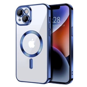 Husa iPhone 15 Transparenta Cu Margini Colorate Magsafe, Protectie Camera, Albastru