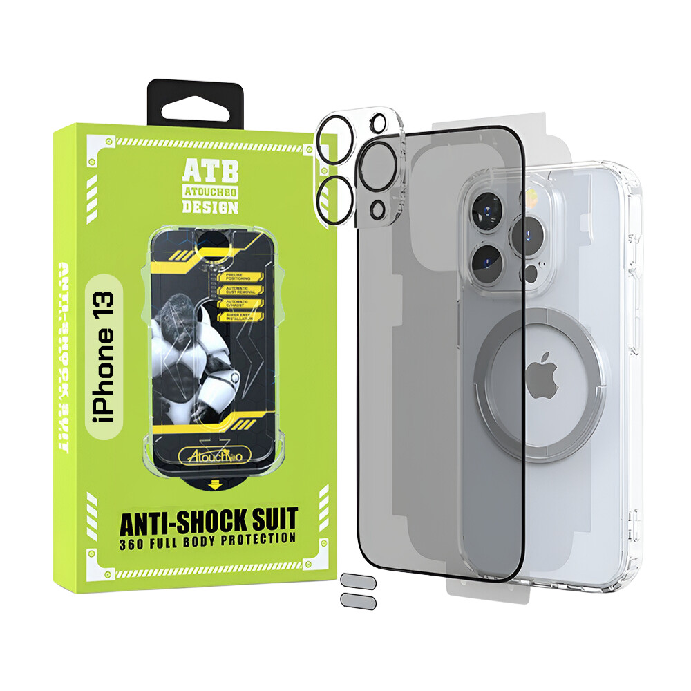 ATB Husa iPhone 13 TPU Antisoc - Folie Sticla Privacy - Folie Spate - Protectie Camera - Inel Magnetic - Stickere Anti-Praf, Kit 6 in 1 De Protectie