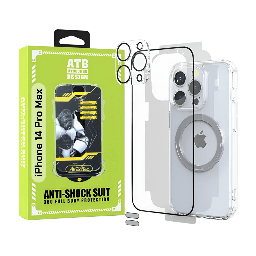 ATB Husa iPhone 14 Pro Max TPU Antisoc - Folie Sticla - Folie Spate - Protectie Camera - Inel Magnetic - Stickere Anti-Praf, Kit 6 in 1 De Protectie