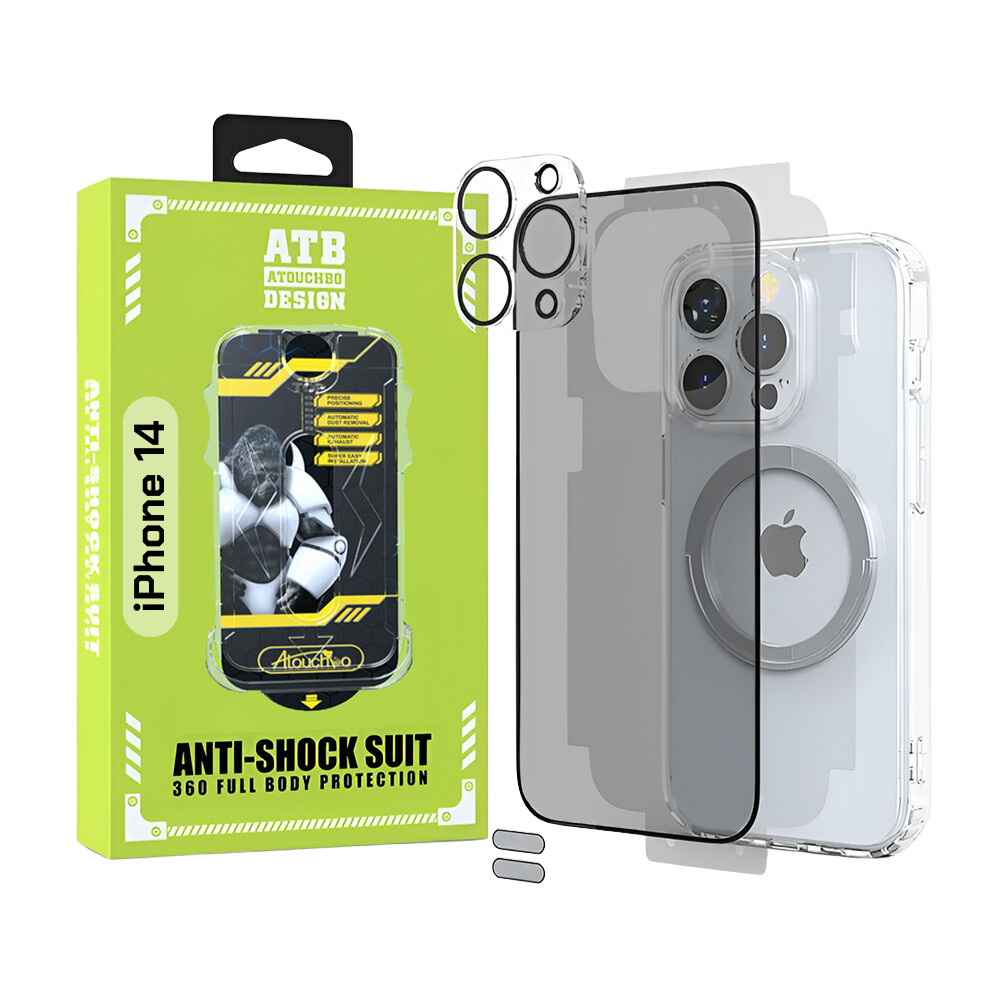 ATB Husa iPhone 14 TPU Antisoc - Folie Sticla Privacy - Folie Spate - Protectie Camera - Inel Magnetic - Stickere Anti-Praf, Kit 6 in 1 De Protectie