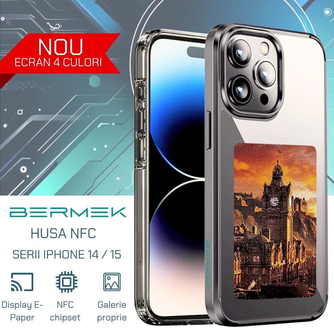 Bermek Husa iPhone 15 Pro NFC cu ecran E-Ink 4 culori, silicon + Folie de sticla, negru - 2 | YEO