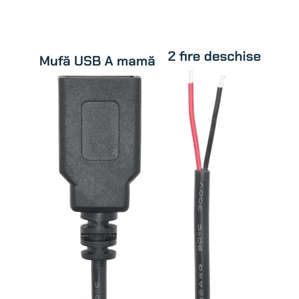 Cablu cu mufa USB A 2.0 mama la 2 fire deschise, 25 cm, negru - 1 | YEO