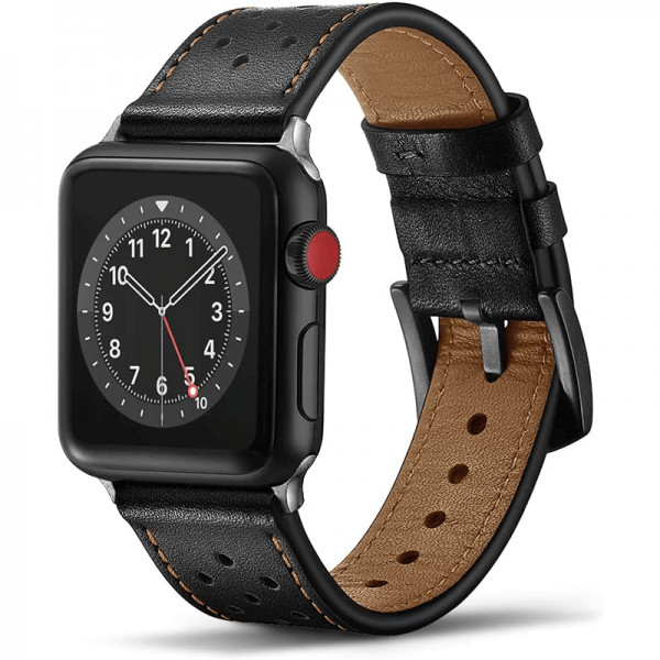 Curea Apple Watch Ultra/ 3 / 4 / 5 / 6 / 7 / 8 / SE series 42 / 44 / 45 / 49 mm, piele, negru-rosu