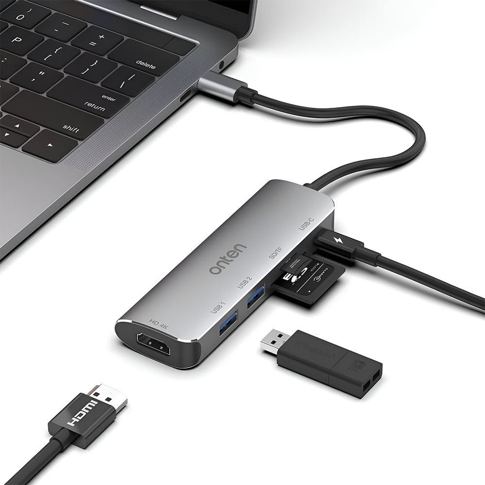 ONTEN Docking station USB-C 6 in 1, adaptor multiport cu HDMI 4K, PD, 2x USB 3.0, Cititor de carduri SD si TF, pentru MacBook, Chromebook, USB-C laptop, argintiu - 1 | YEO