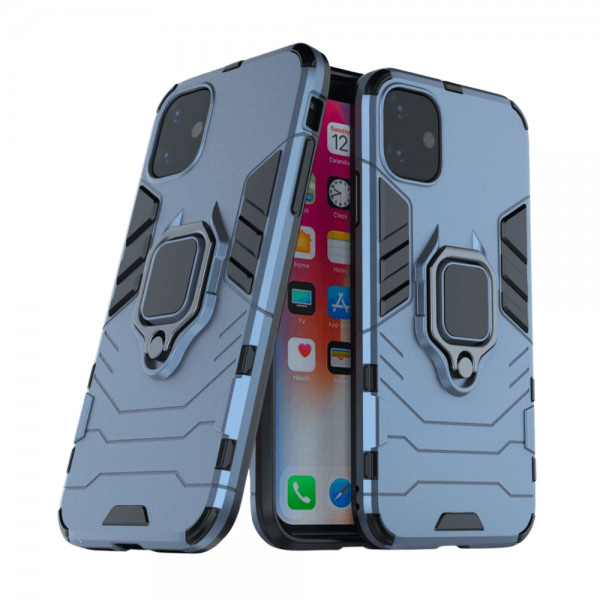 Set protectie 3 in 1 pentru IPHONE 11 cu husa hybrid antisoc cu stand inel, folie sticla ceramica fullsize, 2 folii sticla pentru camera si breloc cadou, dark blue - 1 | YEO