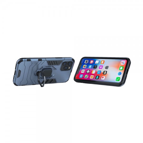 Set protectie 3 in 1 pentru IPHONE 11 PRO cu husa hybrid antisoc cu stand inel, folie sticla ceramica fullsize, 2 folii sticla pentru camera si breloc cadou, dark blue - 2 | YEO