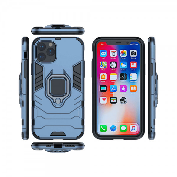 Set protectie 3 in 1 pentru IPHONE 11 PRO MAX cu husa hybrid antisoc cu stand inel, folie sticla ceramica fullsize, 2 folii sticla pentru camera si breloc cadou, dark blue - 3 | YEO