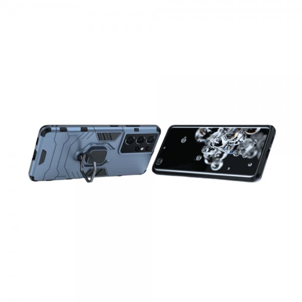 Set protectie 3 in 1 pentru Samsung S21 Ultra 5G cu husa hybrid antisoc cu stand inel, folie sticla ceramica fullsize, 2 folii sticla pentru camera si breloc cadou, dark blue - 2 | YEO