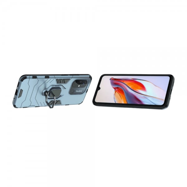 Set protectie 3 in 1 pentru Xiaomi Redmi 12C (4G) cu husa hybrid antisoc cu stand inel, folie sticla ceramica fullsize, 2 folii sticla pentru camera si breloc cadou, dark blue - 2 | YEO