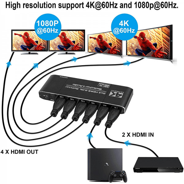 Switch Splitter HDMI 2.0b 2in 4out, 4k 60Hz, 18Gbps, SPDIF Audio, jack 3.5 extractor, pass, 2.0, 5.1ch - 3 | YEO