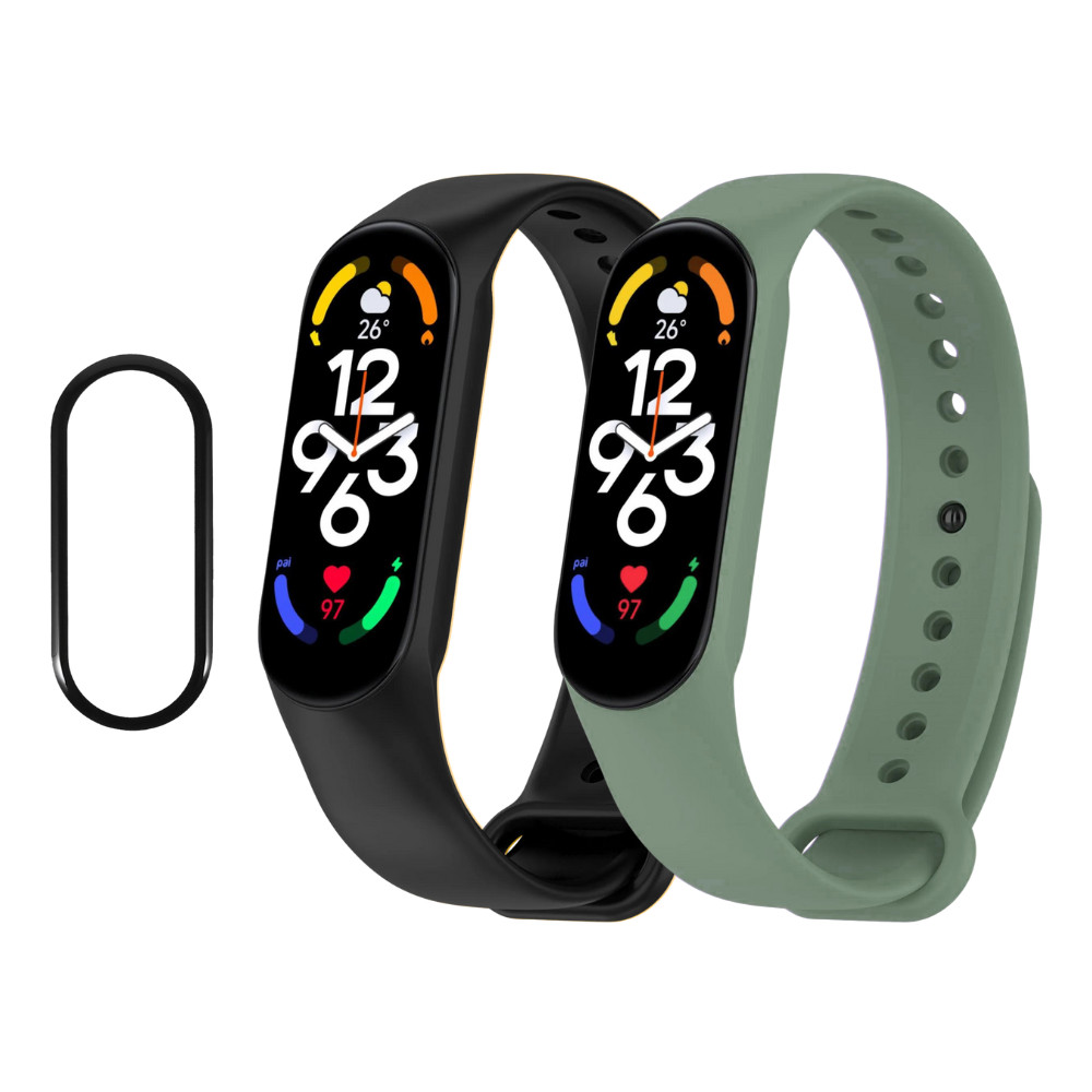 Bermek Curea Xiaomi Mi Band 5 din Silicon, 2 Bucati, Negru si Verde - Folie Protectie 3D