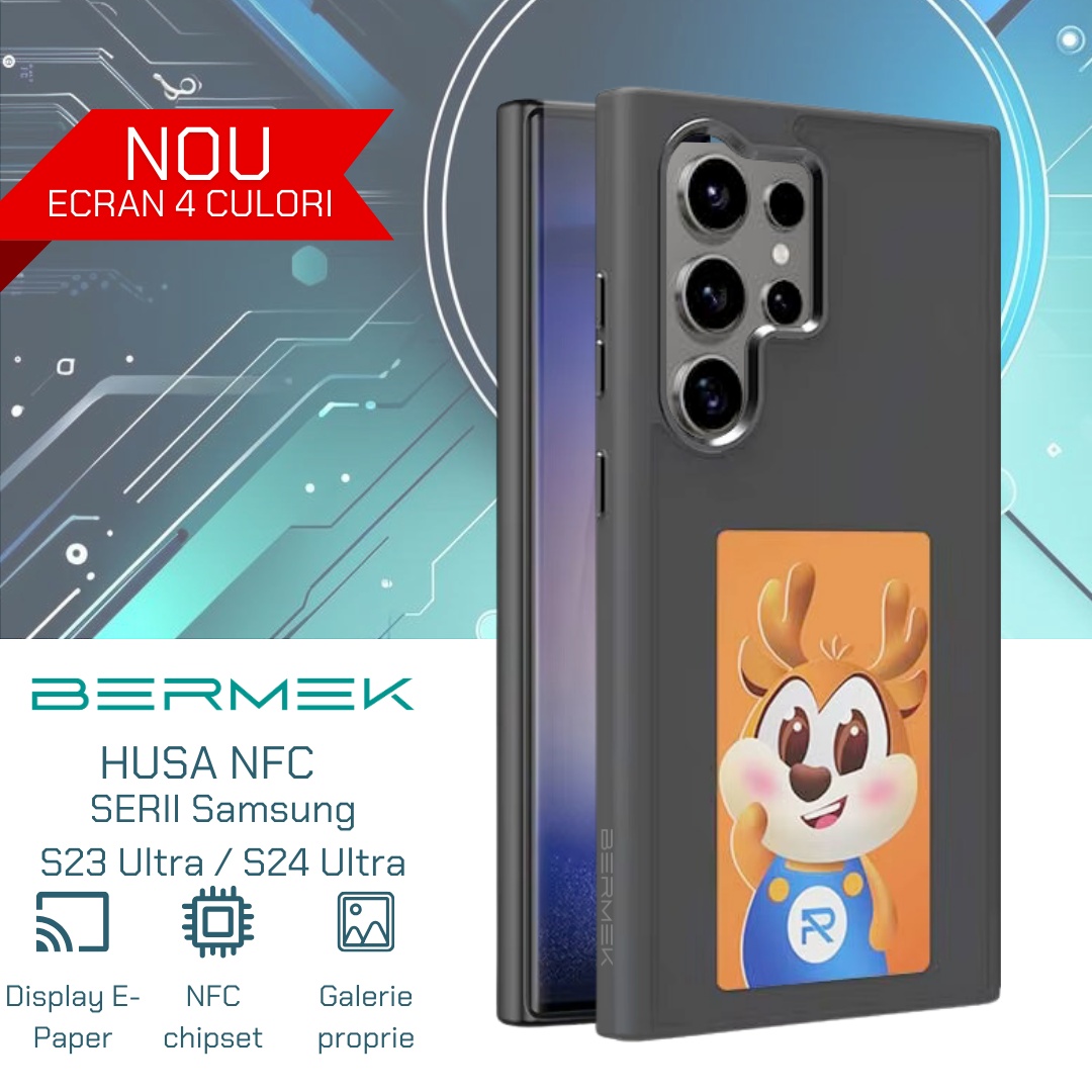 Bermek Husa Samsung S24 Ultra NFC cu ecran E-Ink 4 culori, silicon + Folie de sticla, negru - 1 | YEO