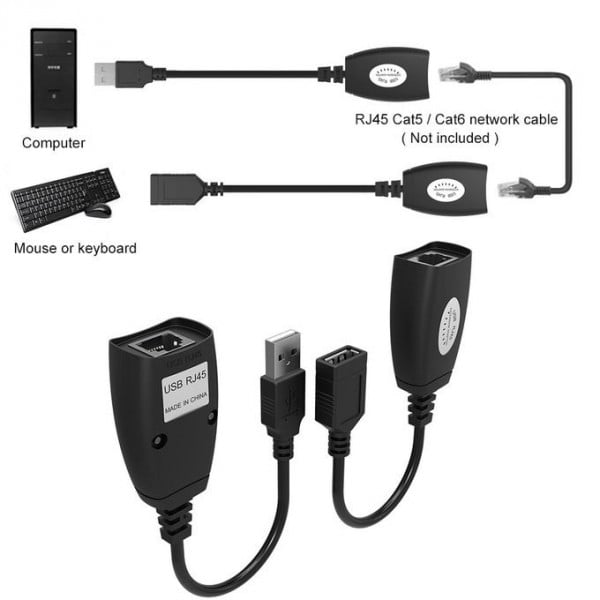 Cablu adaptor extender USB tata-RJ45 mama, USB mama-RJ45 mama, bidirectionale, pentru extinderea semnalului USB prin Cat5/ Cat6, 20cm, negru - 1 | YEO