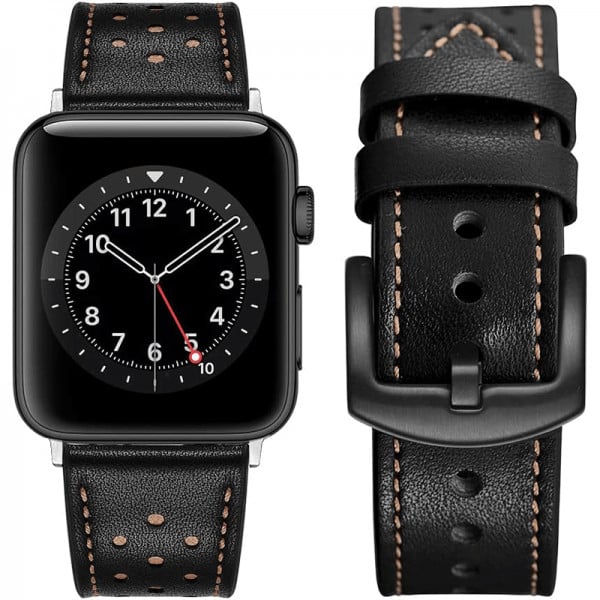 Curea Apple Watch Ultra/ 3 / 4 / 5 / 6 / 7 / 8 / SE series 42 / 44 / 45 / 49 mm, piele, negru-rosu - 1 | YEO