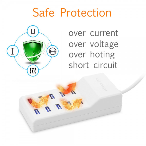 HUB USB statie de incarcare cu 10 porturi USB 60W, 10A ,8 x 2.4 A, 2x 1A, 1m, alb - 3 | YEO