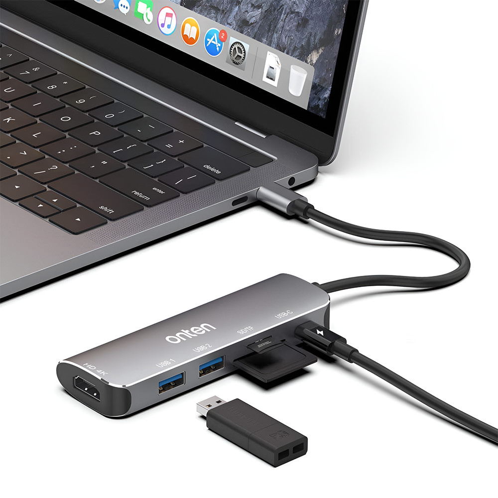 ONTEN Docking station USB-C 6 in 1, adaptor multiport cu HDMI 4K, PD, 2x USB 3.0, Cititor de carduri SD si TF, pentru MacBook, Chromebook, USB-C laptop, argintiu - 2 | YEO