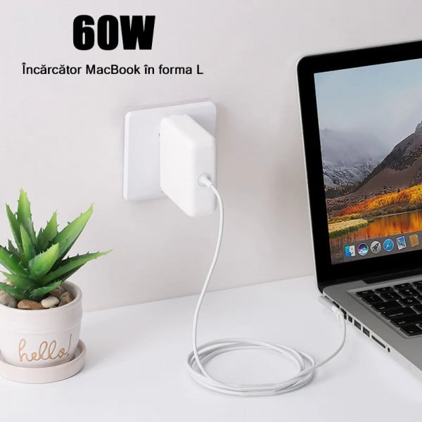 Set incarcator adaptor 60W si cablu alimentare magnetic in L tip Magsafe 1 pentru Macbook,2m - 1 | YEO