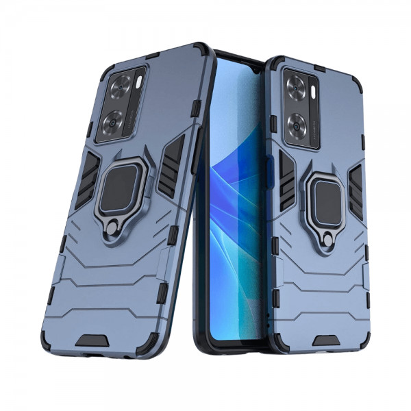 Set protectie 2 in 1 pentru Oppo A57s (4G) cu husa hybrid antisoc cu stand inel si folie sticla ceramica fullsize si breloc cadou, dark blue - 1 | YEO