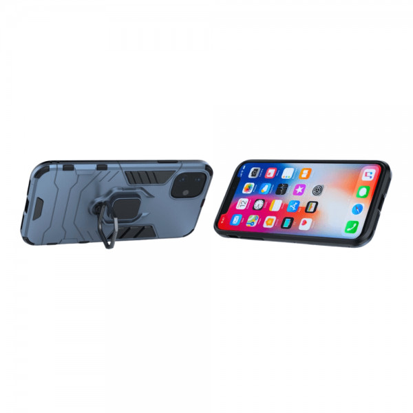 Set protectie 3 in 1 pentru IPHONE 11 cu husa hybrid antisoc cu stand inel, folie sticla ceramica fullsize, 2 folii sticla pentru camera si breloc cadou, dark blue - 2 | YEO