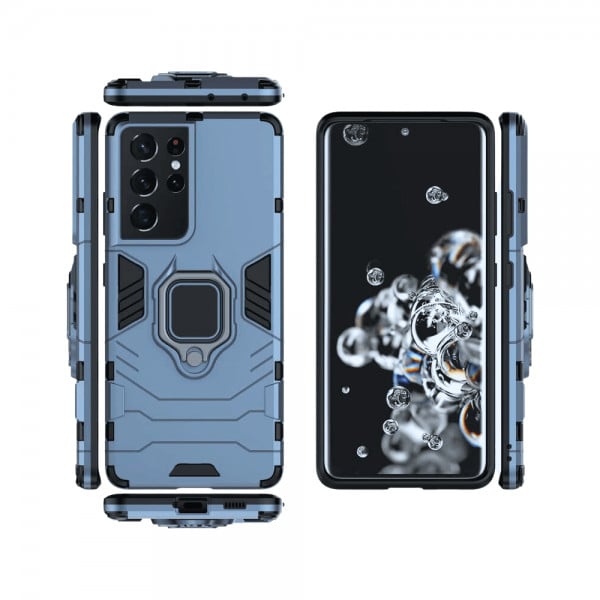 Set protectie 3 in 1 pentru Samsung S21 Ultra 5G cu husa hybrid antisoc cu stand inel, folie sticla ceramica fullsize, 2 folii sticla pentru camera si breloc cadou, dark blue - 3 | YEO