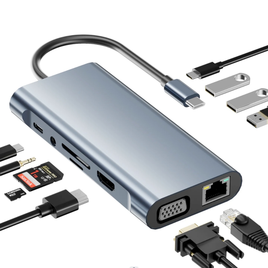 Statie andocare / Hub USB-C 11-în-1 Adaptor la HDMI 4K, VGA USB 3.0, SD/TF, RJ45 Gigabit, Audio Jack 3.5mm, PD 100W – Compatibil cu MacBook, iPad, și Laptopuri