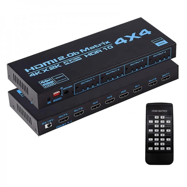 Switch HDMI 2.0b HDCP 2.2 MATRIX 4k 60Hz, 4in 4out, 18Gbps, EDID, cu telecomanda IR - 1 | YEO