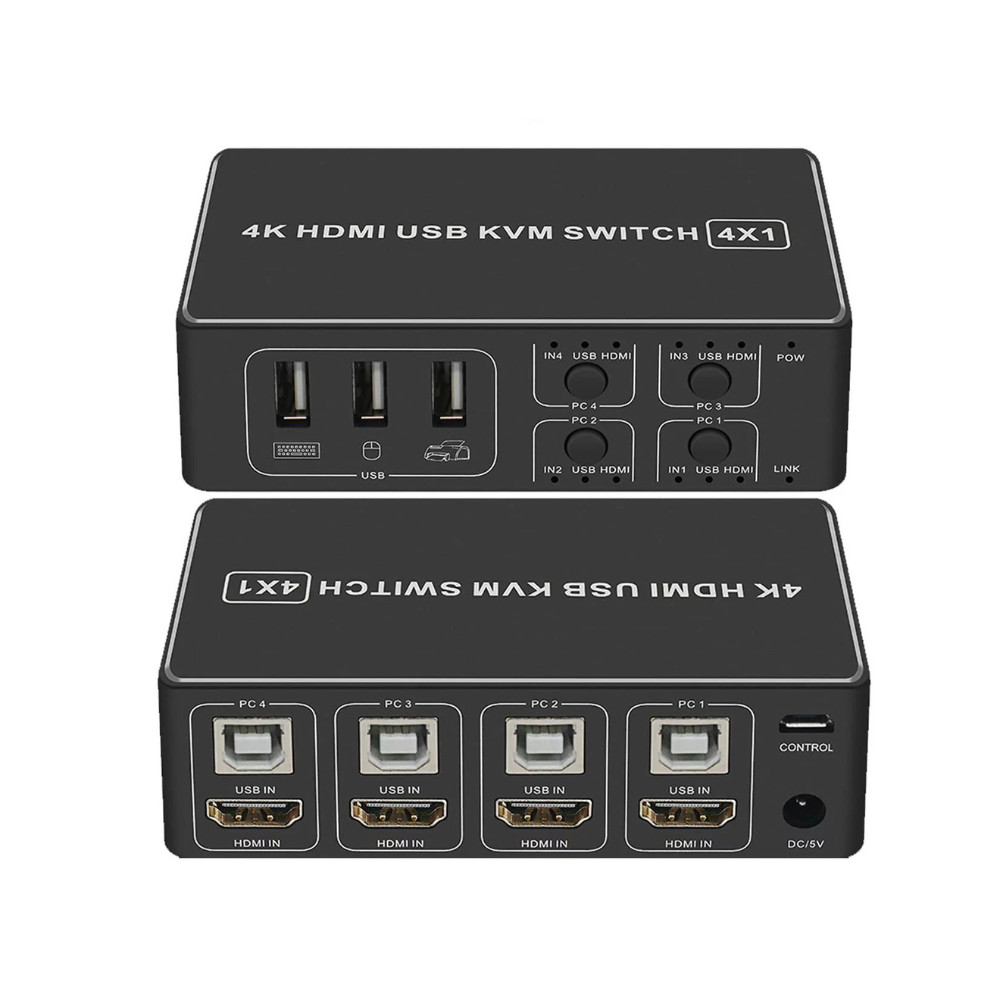 Switch KVM HDMI, Comutator USB 4K@60Hz cu 4 intrari 1 iesire HDMI 2.0 si 3 porturi KVM USB, Negru