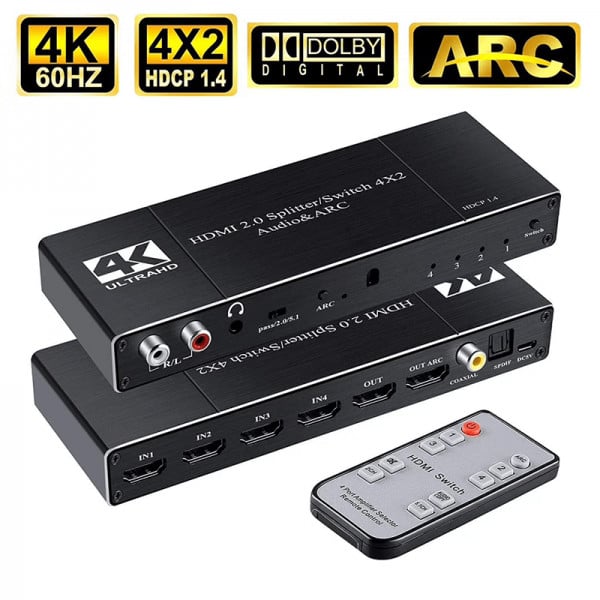 Switch Splitter HDMI 2.0 HDCP 1.4 4K 60Hz 6Gbps cu 4 intrari si 2 iesiri, ARC, extractor audio R/L, 3.5mm jack, SPDIF, coaxial - 1 | YEO