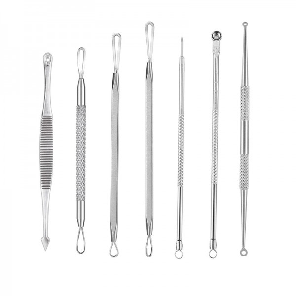 Trusa 7 instrumentre Focstar, din inox, pentru cosmetica, extractia comedoanelor si a punctelor negre, plus pouch cu fermoar, negru