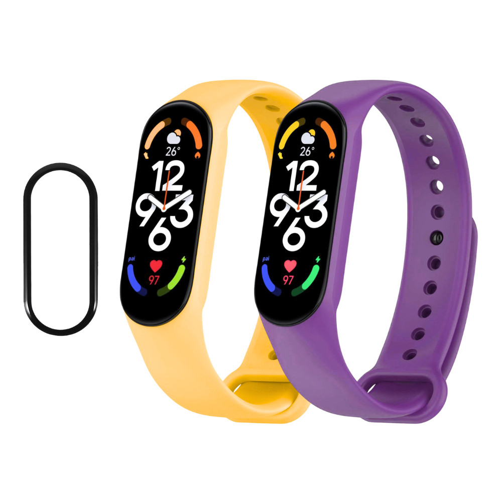 Bermek Curea Xiaomi Mi Band 5 din Silicon, 2 Bucati, Galben si Mov - Folie Protectie 3D