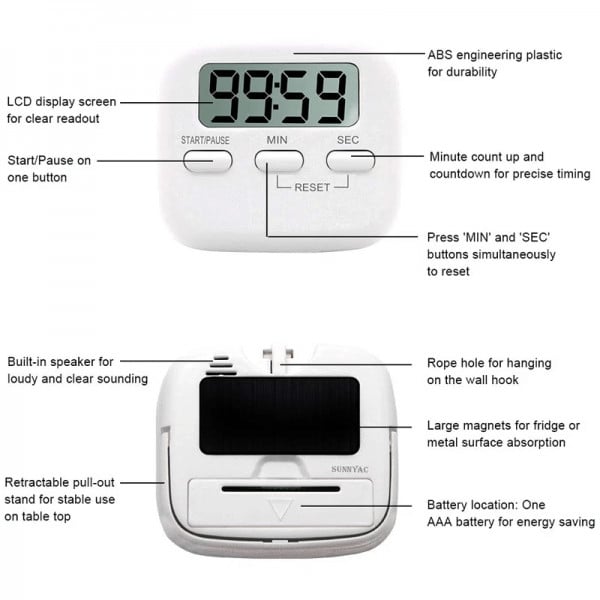 Cronometru digital cu alarma, multifunctional, casa si bucatarie, 3 tipuri de montare, alb - 3 | YEO