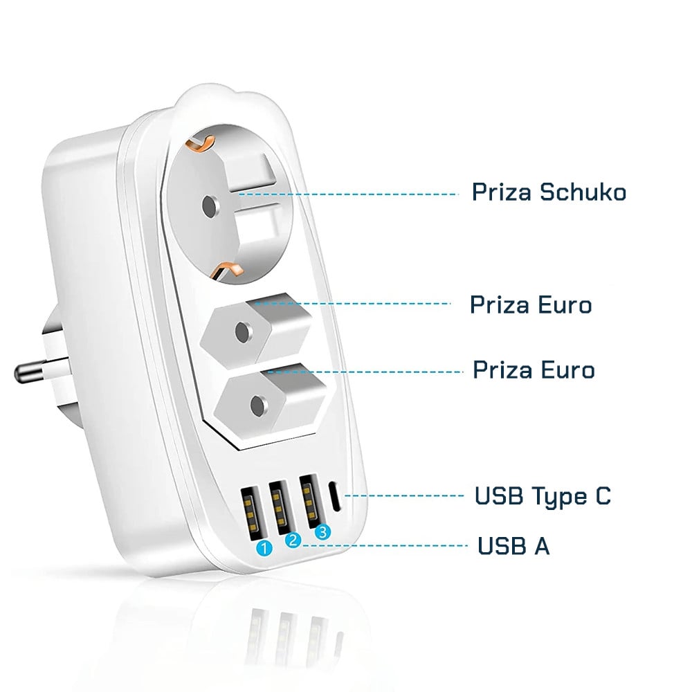 KRASSUS Priza, 250V, 16A, 3680W, 2 x priza Euro, 1 x priza SCHUKO, 3 x USB A, 1 x USB C, protectie copii, alb - 2 | YEO