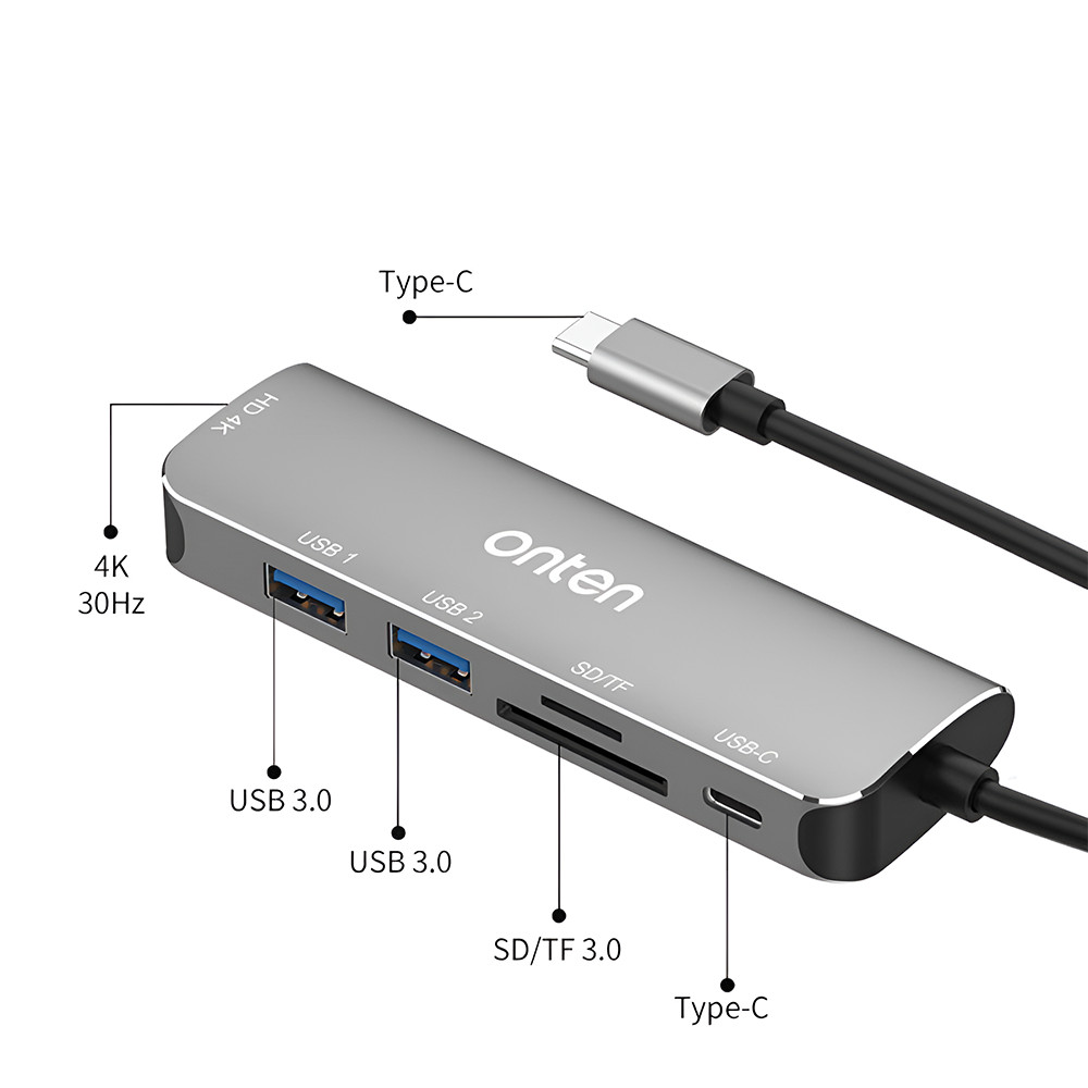 ONTEN Docking station USB-C 6 in 1, adaptor multiport cu HDMI 4K, PD, 2x USB 3.0, Cititor de carduri SD si TF, pentru MacBook, Chromebook, USB-C laptop, argintiu - 3 | YEO